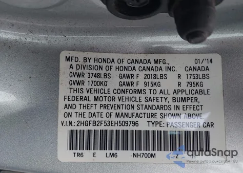 2014 Honda Civic Lx from USA, damaged, VIN 2HGFB2F53EH509796